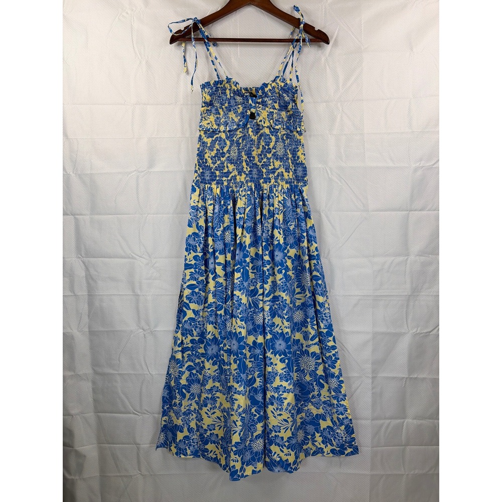 J.Crew Collection Blue Yellow Floral Smocked Midi Dress Tie Strap Slit Womens XS